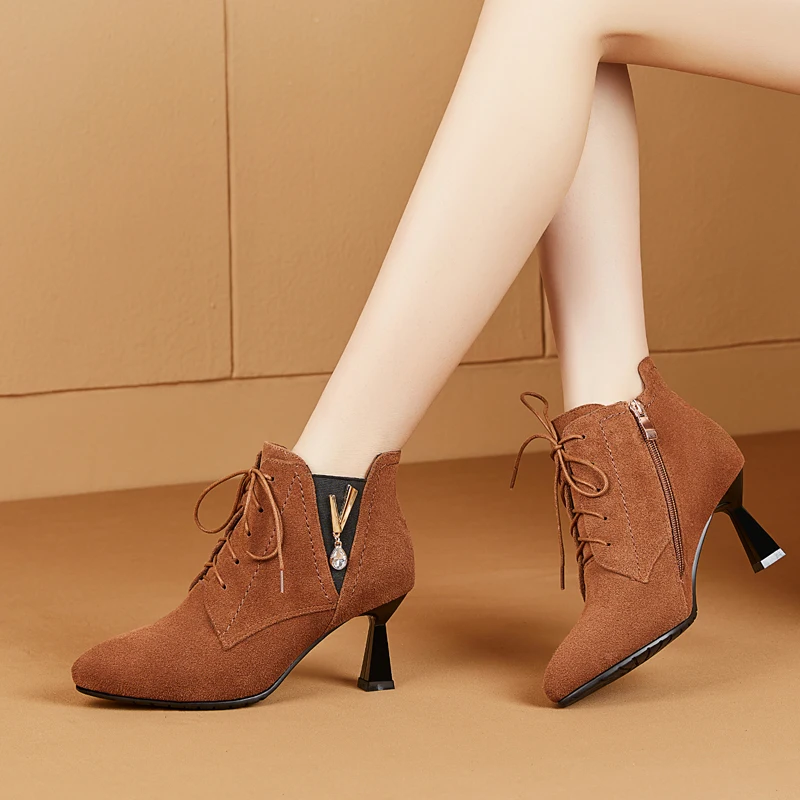 

Genuine Leather Ankle Boots For Women High Heel Boots Sexy Pointed Toe Lace Up Winter Fashion Shoes Woman Botas Mujer Femme