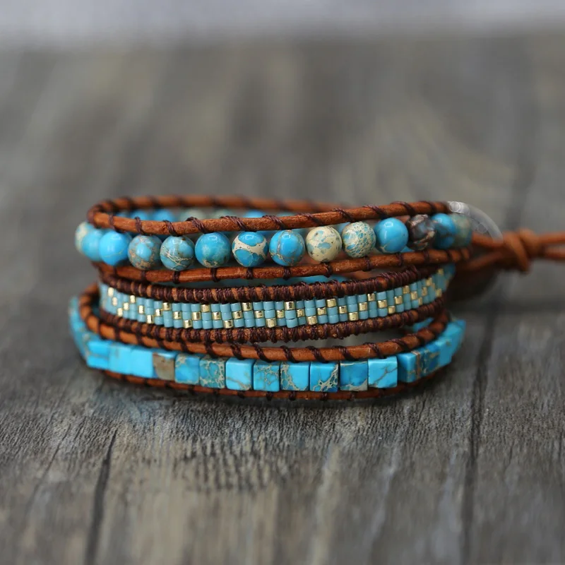 

Fashion Unique Mixed Natural Stone Bracelet Vintage Leather Wrap Bracelet Dropshipping beads Handmade Wmen Wrap Bracelet Jewele