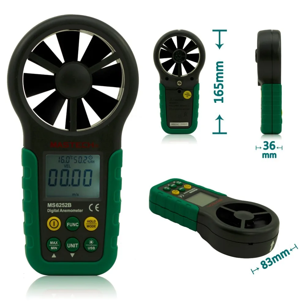 

MASTECH MS6252B Digital Anemometer Wind Speed Meter Air Volume Ambient Temperature Humidity Tester With USB Interface
