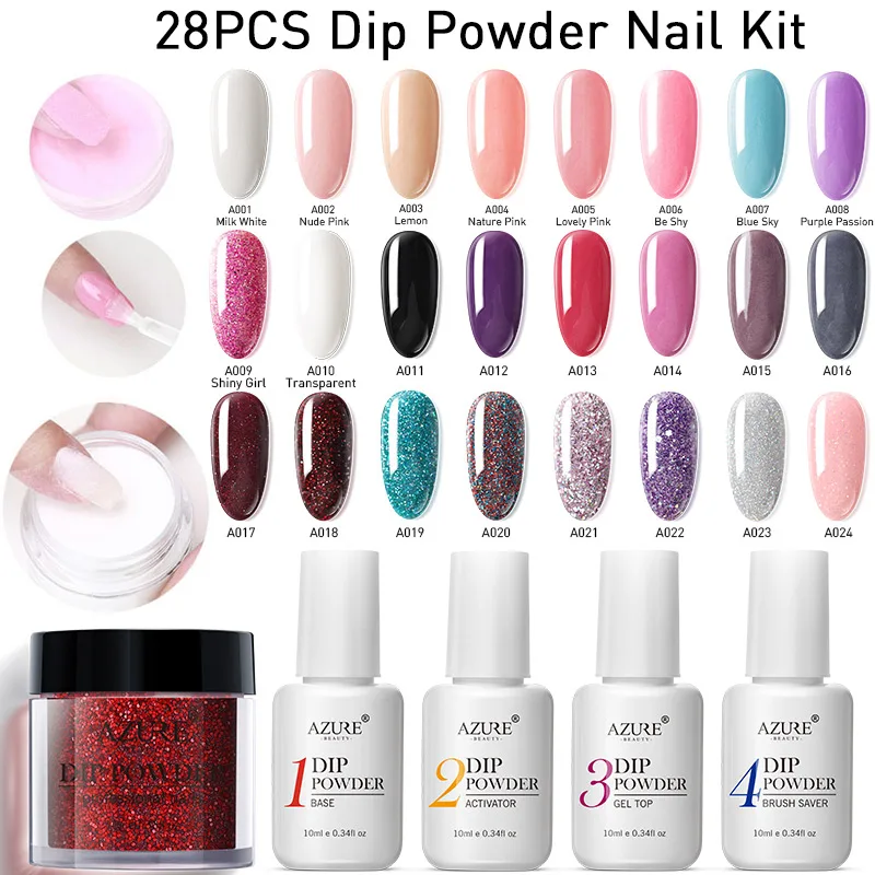

Azure Beauty 28Pcs/Lot Dipping Powder Nail Set Gradient Color Dip Powder Glitter Nail Kits Base Top Gel Activator Coat Nail Set