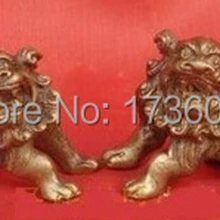 2 Изысканные КИТАЙСКИЙ СТАРЫЙ ЛАТУНЬ Foo Собак ZengZhi Бумаги Статуя