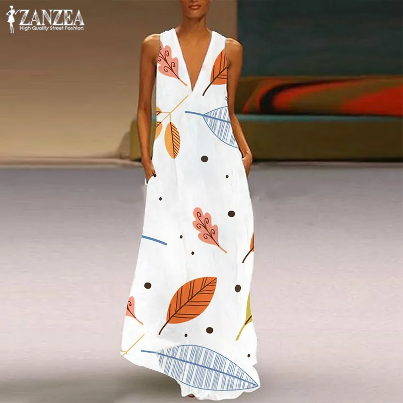 

Plus Size Summer Maxi Dress Women's Sundress ZANZEA 2019 Bohemian Leaves Printed V Neck Vestidos Fashion Female Sleeveless Robe