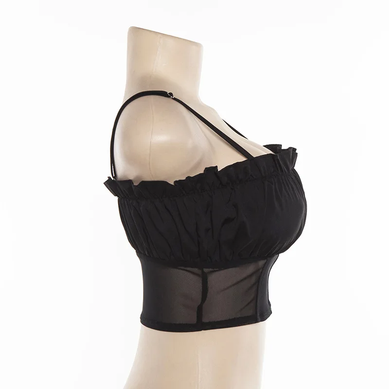 Hugcitar spaghetti straps mesh patchwork ruffles sexy camis 2019 summer women fashion party club streetwear solid crop tops