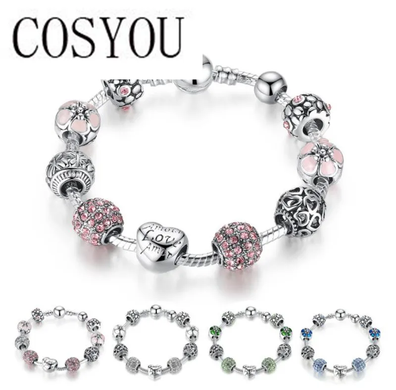 

COSYOU 2019 hotsale Antique Silver Charm Bracelet & Bangle with Love and Flower Beads Women Anniversary Jewelry 4 Colors PA1455