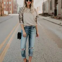 Для женщин Sequine футболка осень-весна Мода футболка с длинными рукавами Повседневное свободные женские Blusas лоскутное круглым вырезом Для женщин футболки