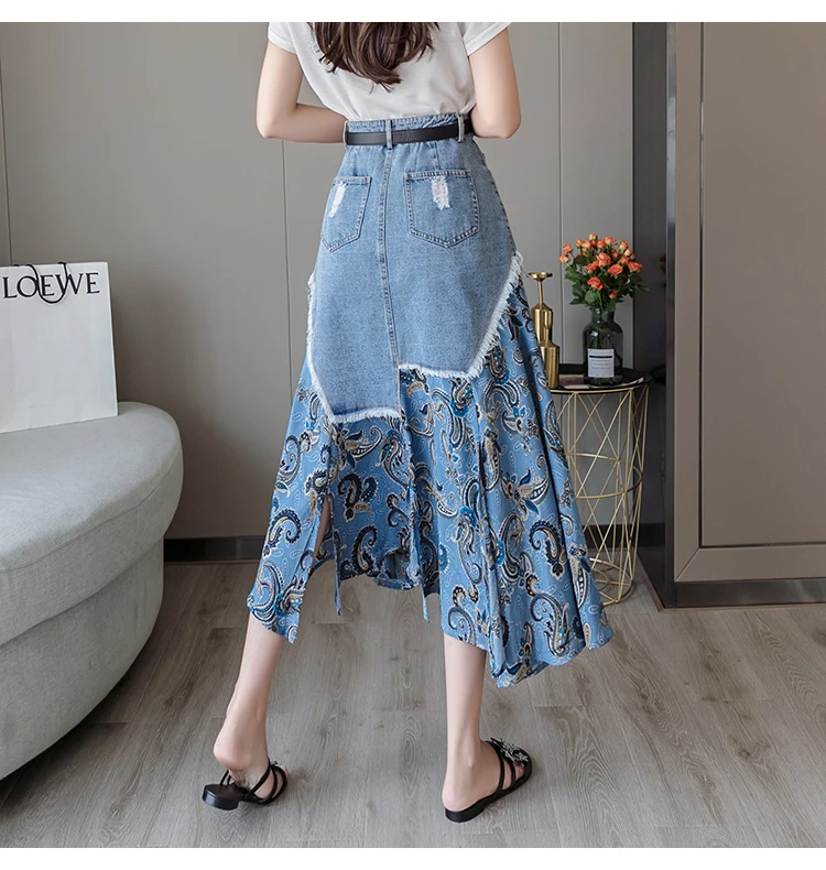 Trytree Summer Women two piece set Casual O-Neck Tops+ Skirt Demin Patchwork Print Hem Belt Pocket Suit Office Lady 2 Piece Set