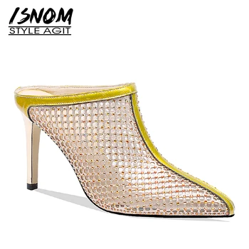 

ISNOM Thin High Heels Slippers Women 2019 New Slides Shoes Woman Summer Wedding Mules Shoes Female Pointed Toe Crystal Shoes