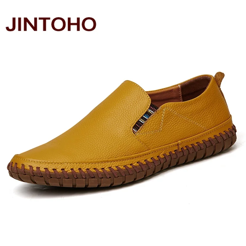 Jintoho/большой Размеры Мужские туфли из натуральной кожи слипоны черная обувь из натуральной кожи мокасины мужские мокасины итальянские дизайнерские туфли - Цвет: huang se