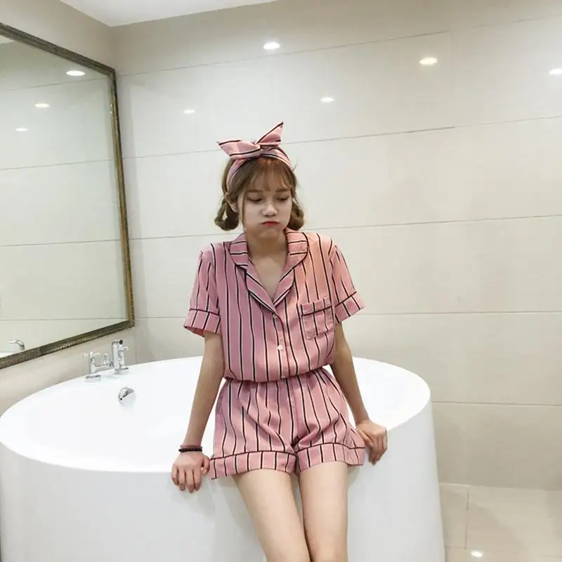 

Yfashion 3PCS/Set Vertical Stripe Pajamas Set Women Summer Short Sleeve Tops + Shorts + Hair Band Home Wear Pajamas Sets Female