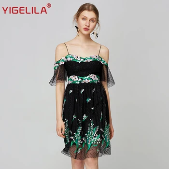 

YIGELILA Fashion Women Off Shoulder Dress Summer Slash Neck Spaghetti Strap Empire Slim Knee Length Mesh Embroidery Dress 63693