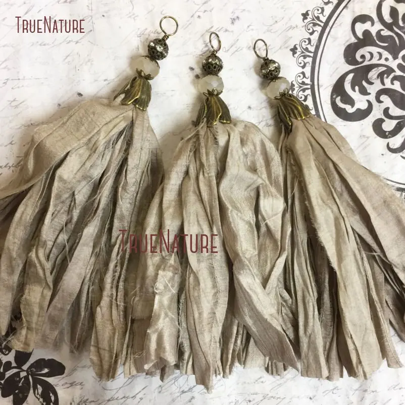 TPO14385-Sari Silk Tassel Pendant Taupe Beige Sari Silk Bohemian Style Tassel Pendant Antique Brass Flower Bead Cap  (1)
