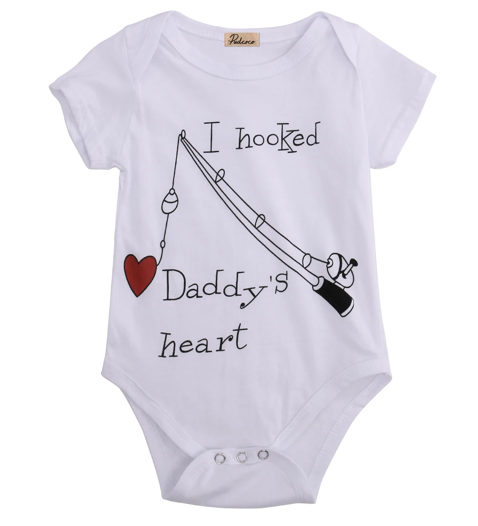 

2017 Newborn Baby Boy Girl Clothes Hooked Daddy's Heart Babygrows Playsuit Rompers