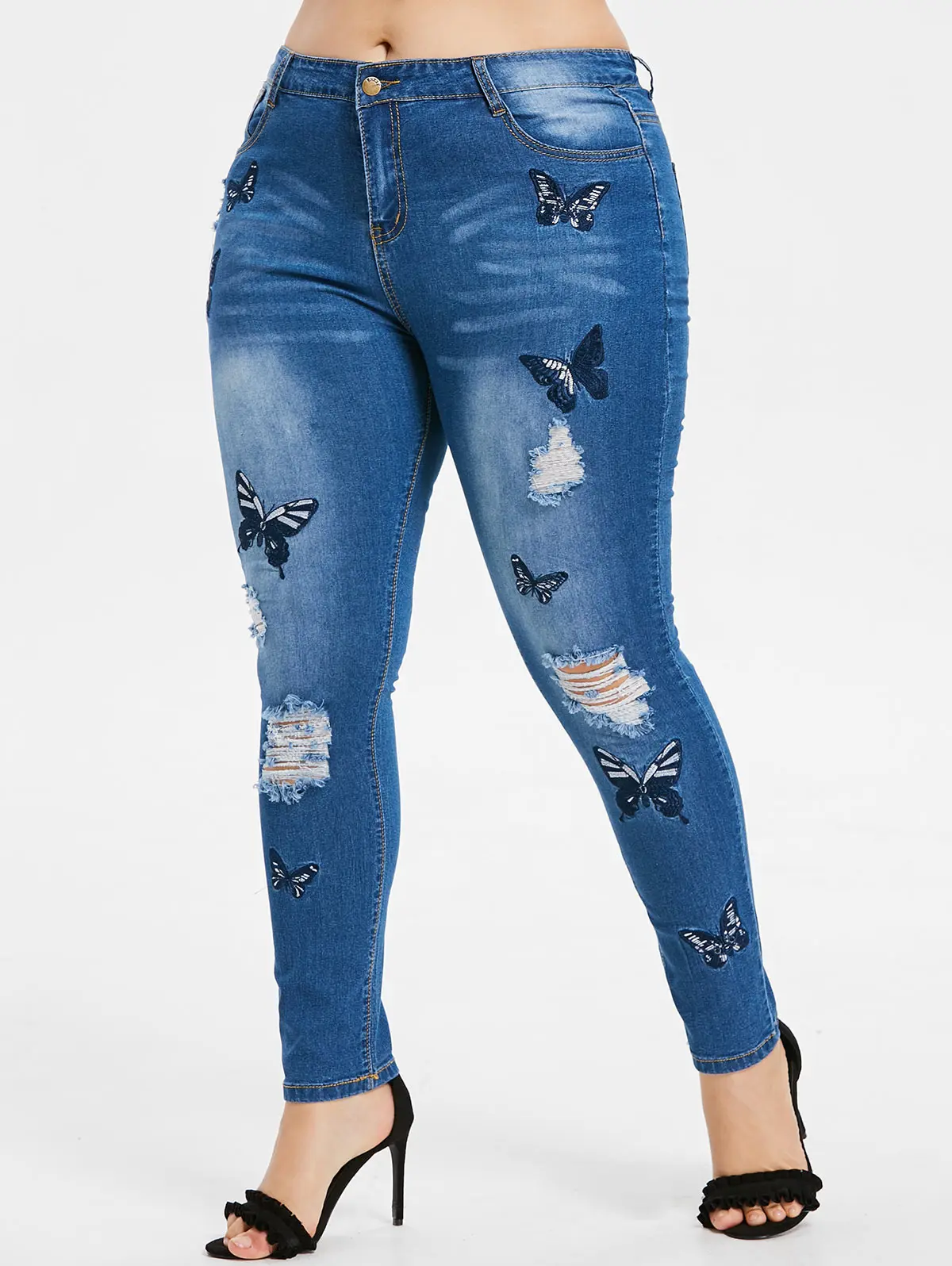 ROSEGAL Plus Size Butterfly Embroidered Ripped Jeans Zipper Fly Women High Waist Pencil Pants Casual Big Size Tunic Trousers