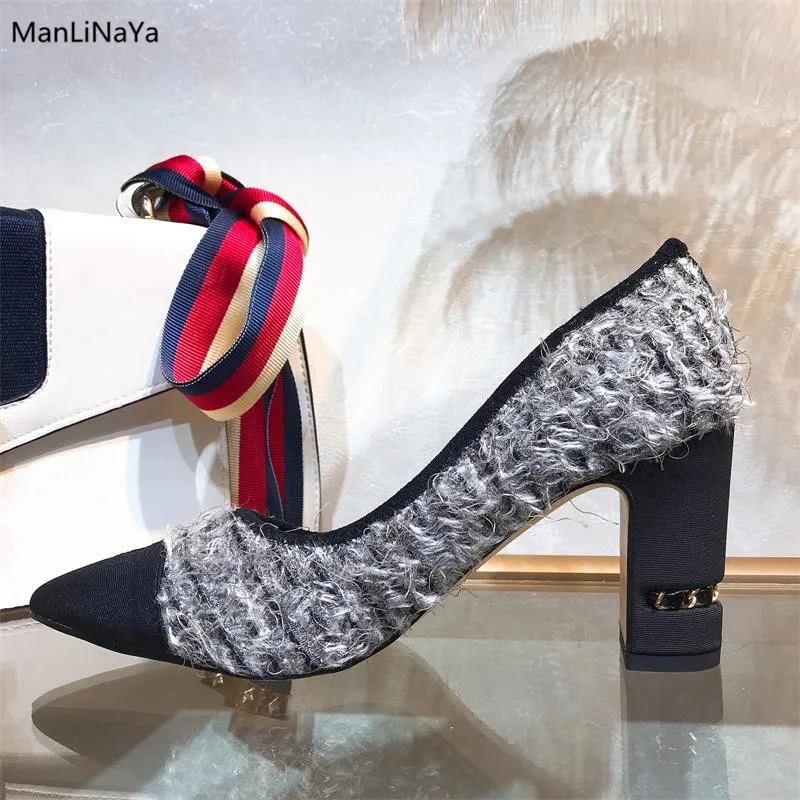 

Square Heel with Gold Chain Women Shoes Costume Tweed Fringe Pointed Toe High Heels Classic Genuine Leather Slip on Ladies Pumps