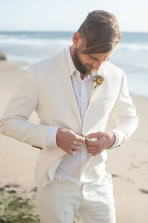 Últimas Designs Brasão Pant Linho Causal Praia vestido de Noiva Branco Marfim ternos Slim Fit 2 Peça Noivo Smoking Ternos Blazer Personalizado Vestidos