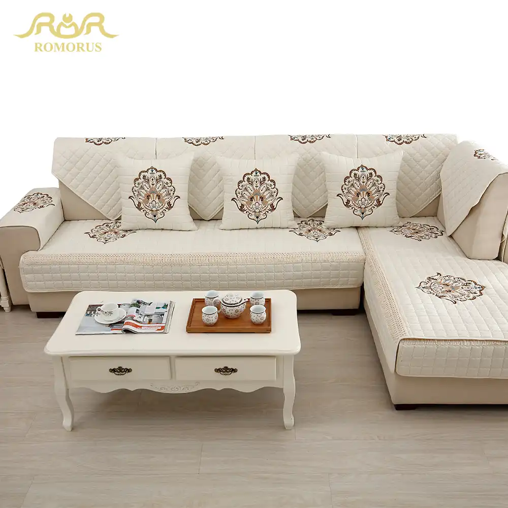 1 Piece Embroidered Slipcovers Sofa Covers Non Slip Cotton Quilted Corner Sectional Couch Cover Living Room Decoration