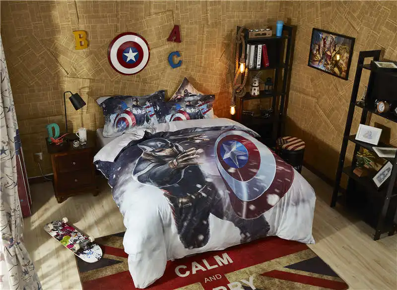 Комплект постельного белья для мальчиков с рисунком из мультфильма «Капитан Америка», домашний текстиль, Комплект постельного белья из египетского хлопка, размер королевы, 3D постельное белье Диснея