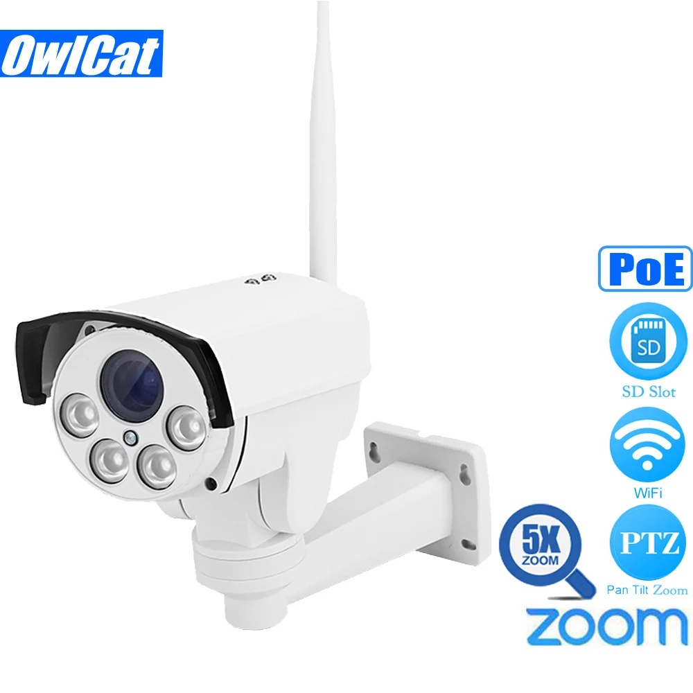 

OwlCat Wide Angle 2.7-13.5mm Wireless Wifi PTZ IP Camera PoE 1080P 5X Zoom Auto Focus 2MP IR Onvif SD Card Security CCTV Camera