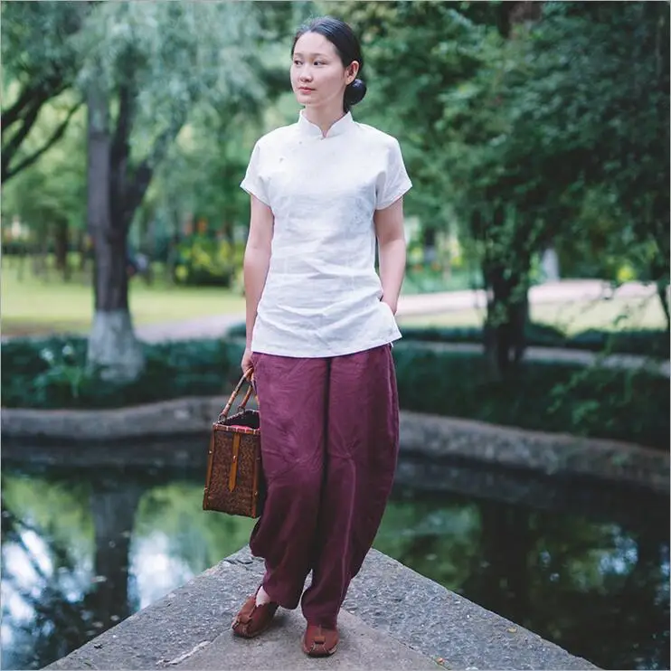 

2019 Women Dress Original Wine Red Trousers Linen Cloth And Personality Lantern Baggy Pants N195