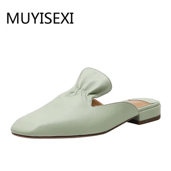 

Grass Green Mules Slippers Shoes Women Square Toe 2 cm Low Heels Women Shoes Genuine leather Apricot MZP07 MUYISEXI