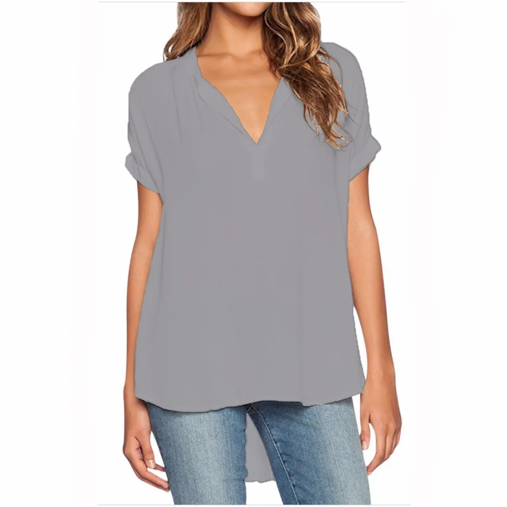 Women Summer Chiffon Tees Solid Simple V-neck Short Sleeve Loose Tops MT1443 | Женская одежда
