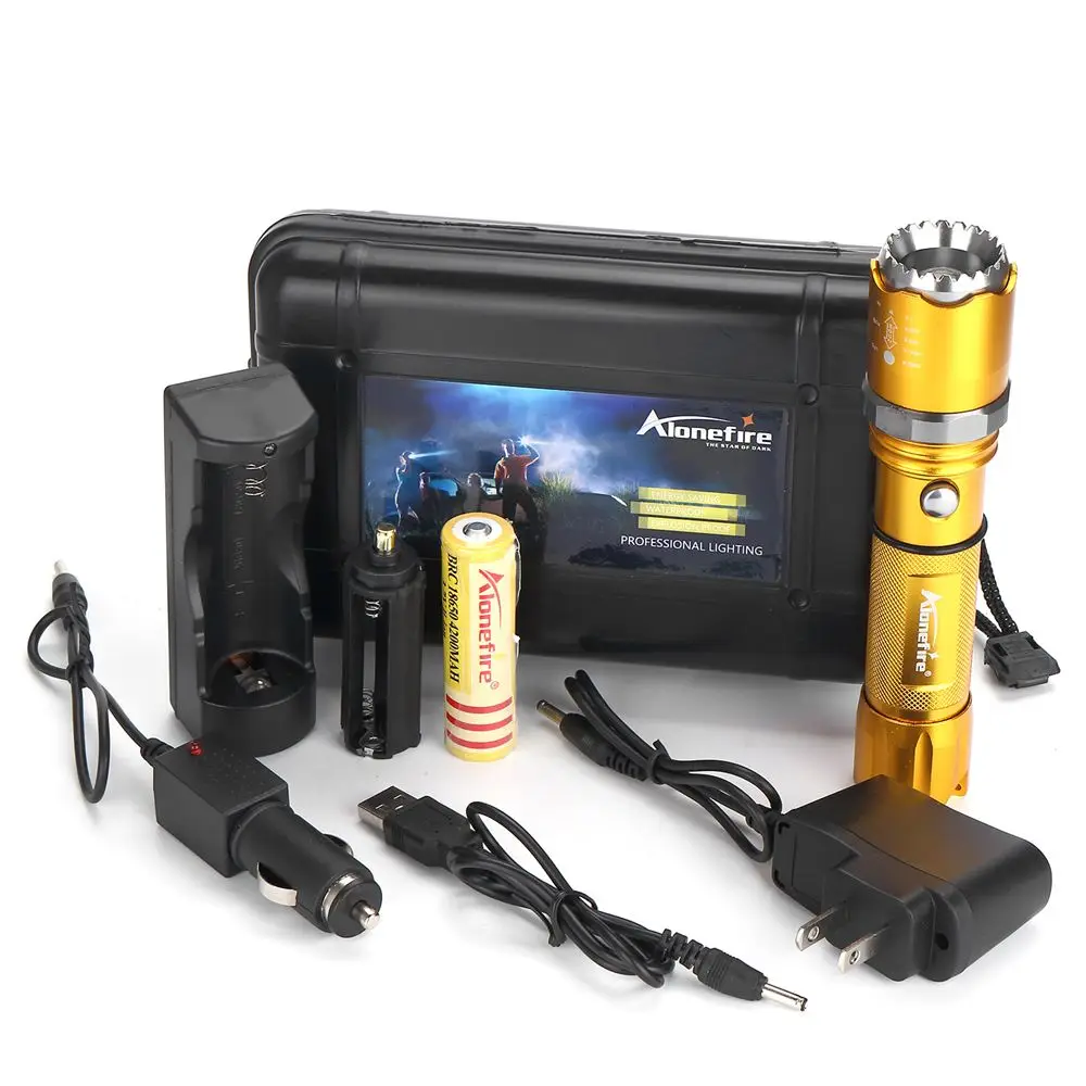 

ALONEFIRE 1set X22 CREE XPE Q5 LED Rotate Zoomable Attack head LED Flashlight Torch with battery USB charger accessories