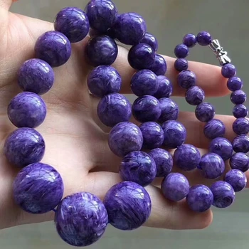 

Genuine Purple Natural Charoite Necklace Women Female Round Crystal Bead Charming Long Chain Necklace 7-17mm Certificate AAAAA