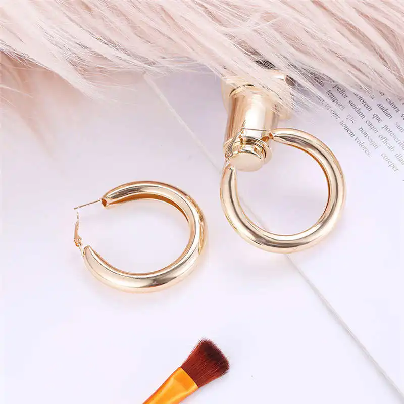 Punk Rock Minimalist 50mm Thick Tube Big Gold Alloy Round Circle Hoop Earrings suit for party anniversary #4d26 (4)