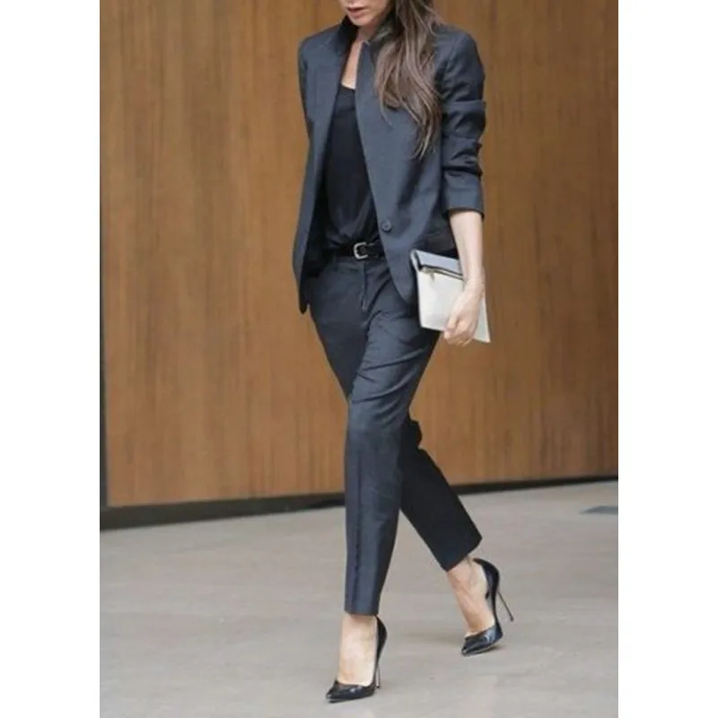 Для женщин брючный костюм офисные форма модные женские OL профессионального черный костюм Длинные рукава бизнес формальных случаев Для