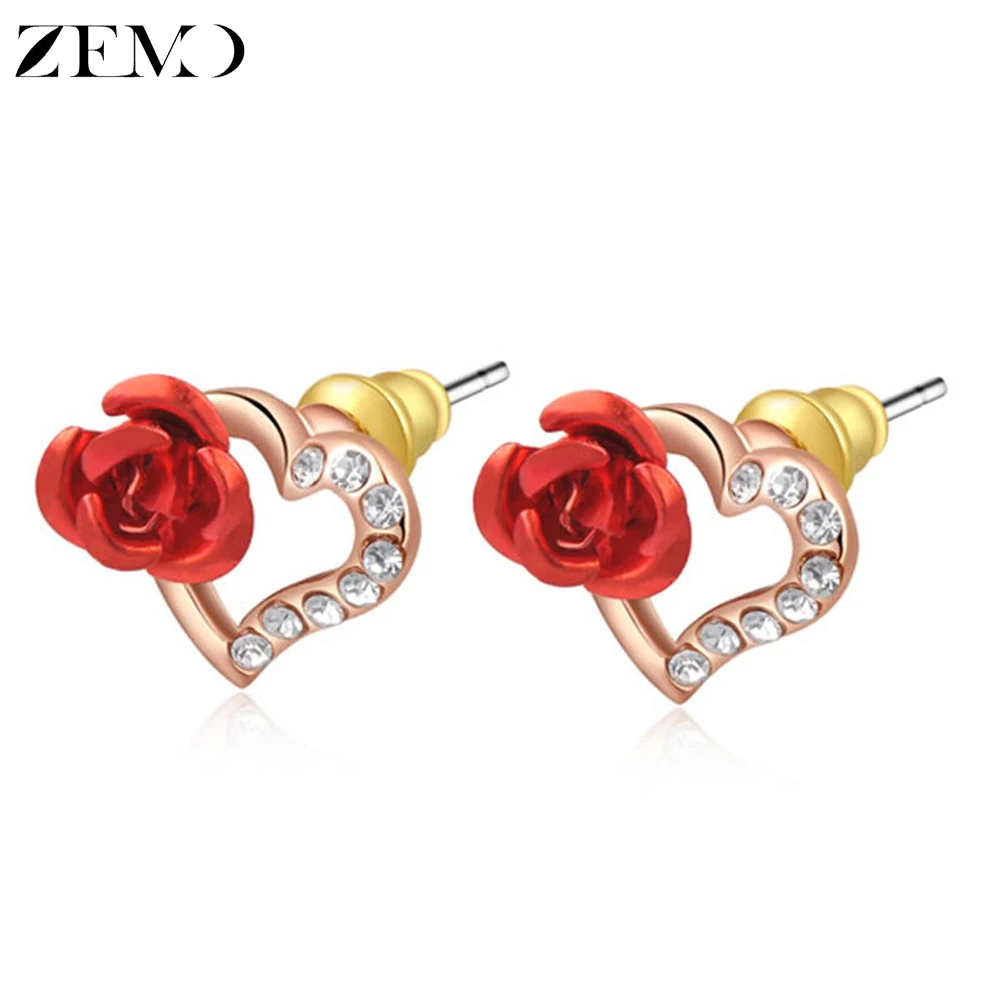

ZEMO Vintage Crystal Rose Gold Hollow Heart Shape Stud Earrings with Red Rose Flower Luxury Ear Stud Jewelry for Women Girls