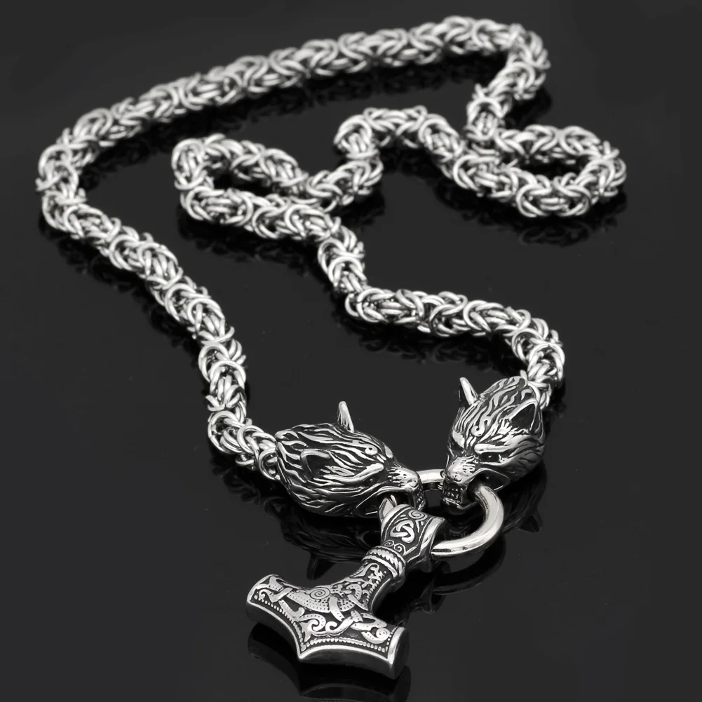 Men stainless steel Wolf head norse viking amulet thor hammer pendant necklace handmade chain