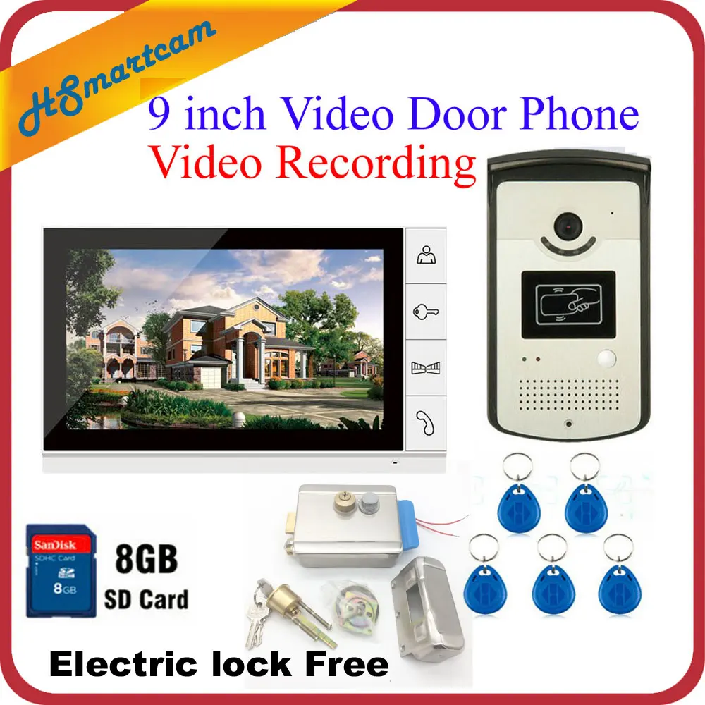 

New 9" Color Record Screen Video Intercom Door Phone Kit + RFID Access Doorbell Camera + 8G SD Electric lock Free Shipping