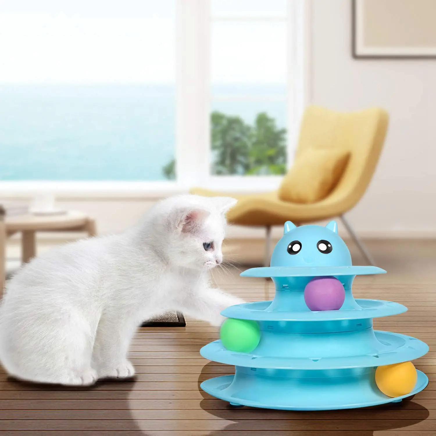 Cats Toys Ball Tower Cat Fun 3-Level Tower Ball & Track Indoor Cats Pet Roller Ball Cat Play Super Roller Super Fun PP Materia