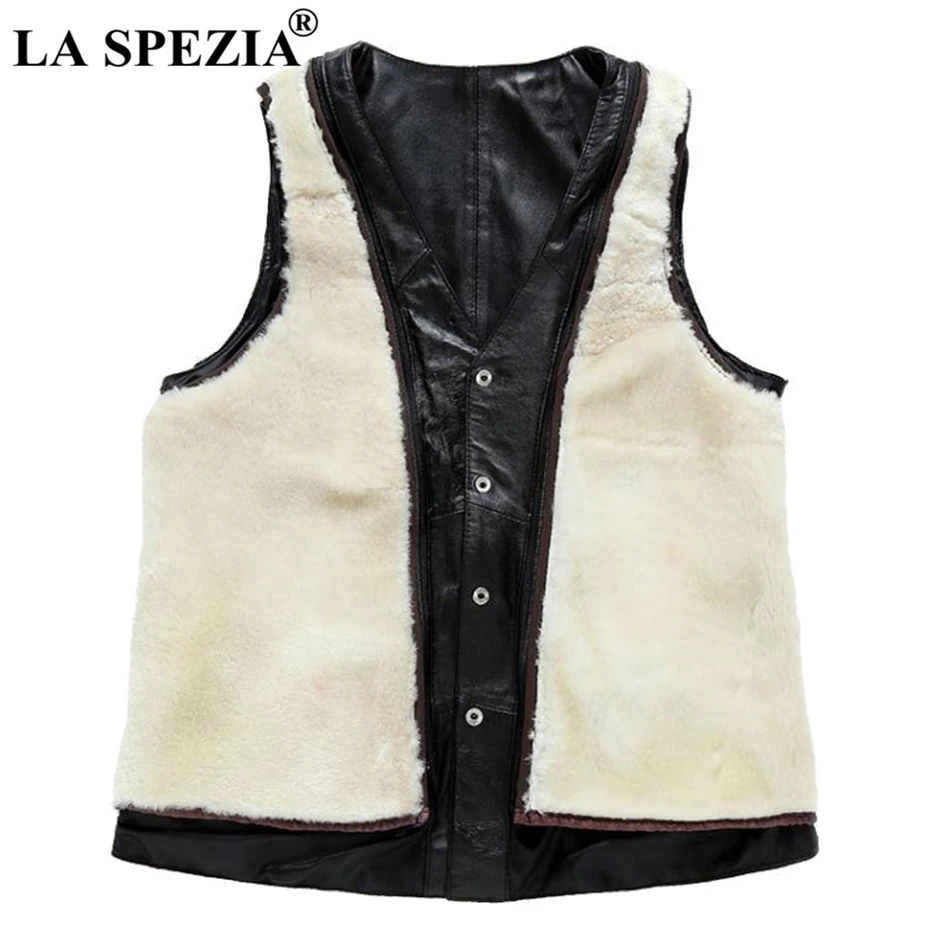 LA SPEZIA Winter Vest Women Genuine Leather Warm Waistcoat Ladies Wool Detachable Biker Real Leather Black Sleeveless Jackets
