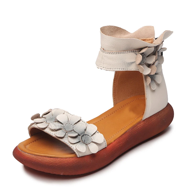 OUKAHUI/высококачественные модные сандалии-гладиаторы на плоской подошве; женские винтажные сандалии из натуральной кожи с высоким берцем и ремешком на щиколотке с цветами - Цвет: Beige