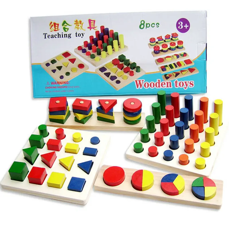 Детские деревянные блоки, геометрические строительные блоки, обучающие материалы по Монтессори, 8 комплектов, деревянные развивающие игрушки