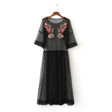 vintage mesh patchwork flower embroidery dress elegant black long vestidos casual loose dresses hollow out dress