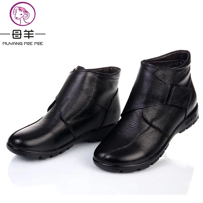 MUYANG MIE MIE Plus Size Winter Women Shoes Woman Genuine Leather Flat Ankle Boots Fashion Warm Snow Boots Women