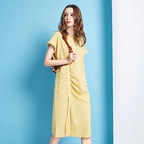 Женское платье-футболка со складками ARTKA, голубое однотонное повседневное платье-футболка свободного покроя с тесьмой, ZA10192X, на лето - Цвет: Цвет: желтый