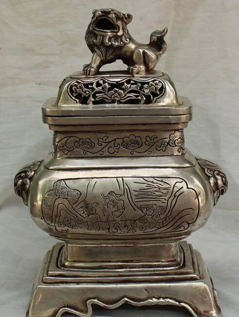 

10" Marked Chinese Silver Foo Fu Dog Lion Flower Incense Burner Censer Statue S0708 Discount 35%