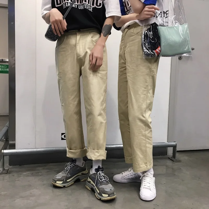 Fashion Casual Men's Straight Pants All Seasons New M-XL Cotton Solid Color Loose Pants Khaki Personality Youth Popular