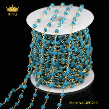 

5mm,5 Meters,Blue Lava Beaded Chains Necklace Bulk,Wire Wrapped Brass Plating Links Chains for Bracelet Jewelry Findings ZJ-80