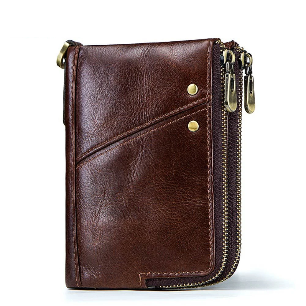 

Retro Fashion Genuine Leather Men Anti-theft Wallets Multi-function Double Zipper Cowhide Wallets Vintage Casual Short Wallets