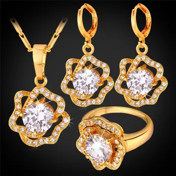 

Women Cubic Zirconia Rose Flower Jewelry Earrings Ring Pendant Necklace Set Gold Color Bridal Wedding Jewelry Set PER1156