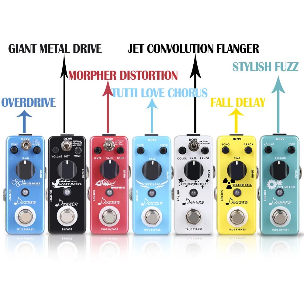 Ceny Donner Mini pedał efektów do gitary Distortion Overdrive Chorus Fuzz Flanger Delay Giant Metal pedał efektów akcesoria gitarowe nowość