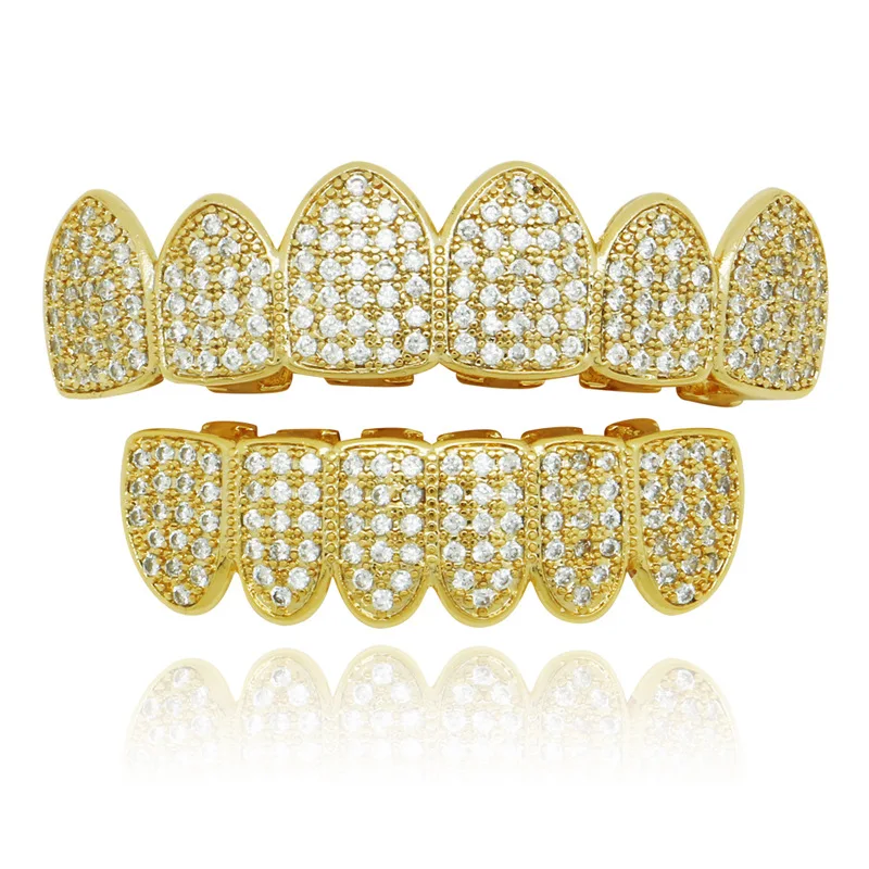 

Fashion Hip Hop Iced Out Full Zircon Copper Grills Teeth Cap Gold Silver Grillz Teeth Top Bottom Set Bling Bling Rapper Jewelry