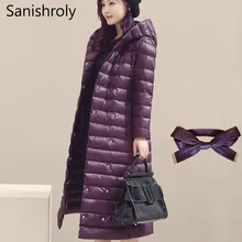 Sanishroly S-3XL, женская белая куртка на утином пуху, верхняя одежда с поясом, ультра светильник, пуховик, парка, Женская Длинная Верхняя одежда с капюшоном размера плюс 257