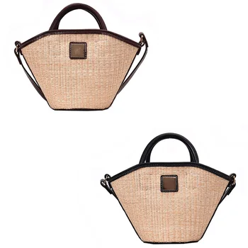 

JHD-Summer Hand-Woven Bucket Bag Retro Large Capacity Shoulder Messenger Bag Beach Bag