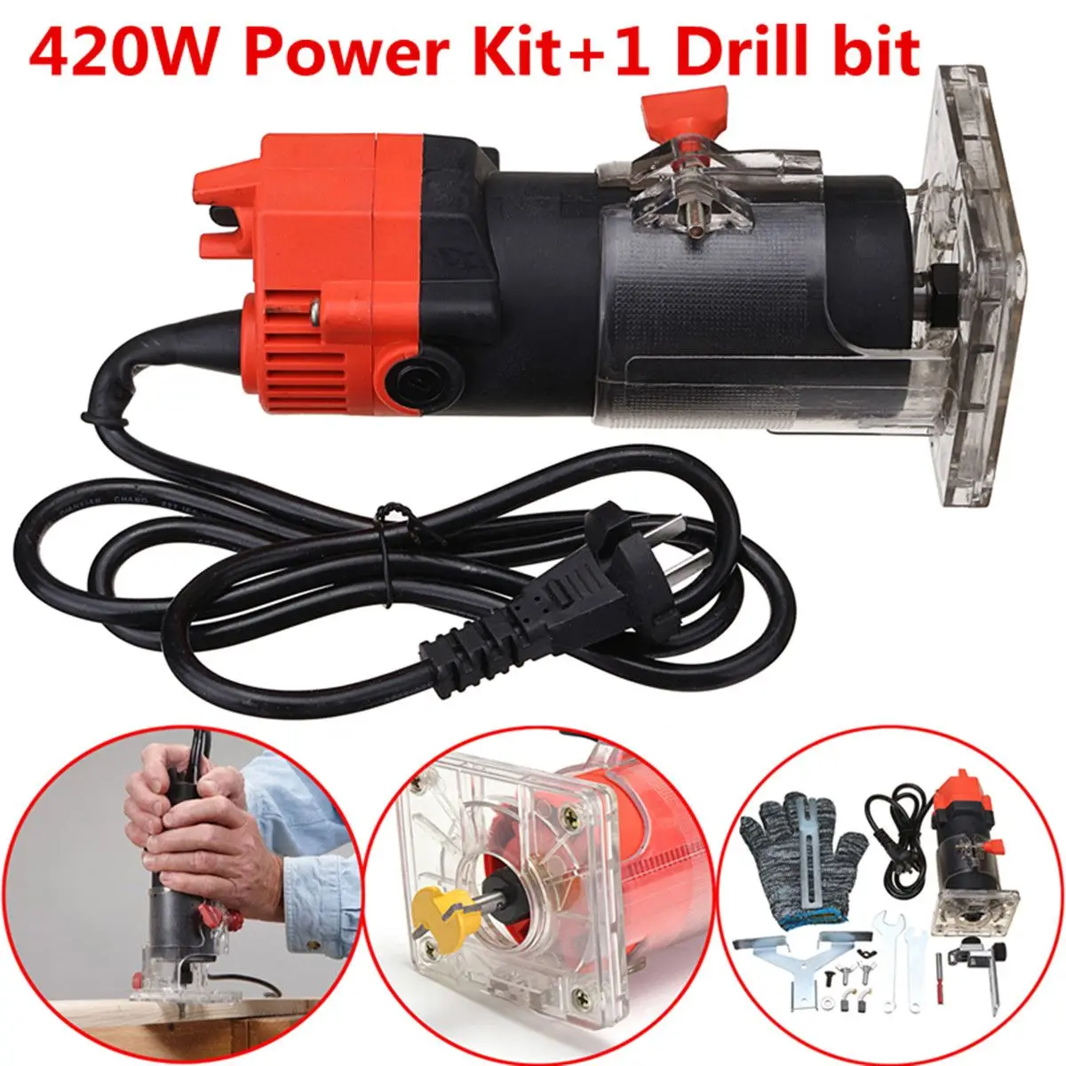 

420W 220V Electric Edge Trimmer 30000RPM Multi Function Woodworking Machine Wood Edge Cutter/Router Set + Wrench Gloves