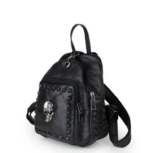 Genuine Leather Rivet Skull Backapck 2016 New Trendy Sheepskin Fashion Patchwork Black Daypack Women Casual Small Schoolbag